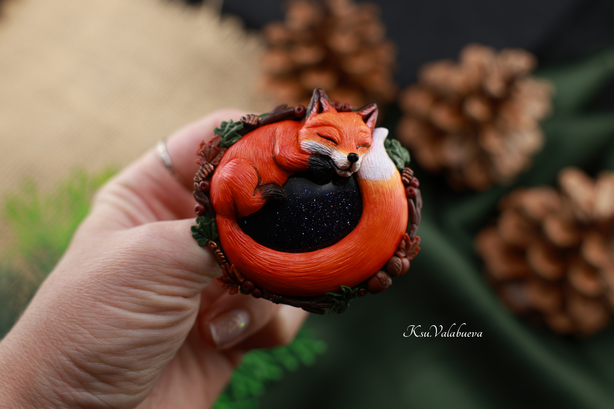 Brooch Sleeping Fox and Aventurine - Series Brooches made of polymer clay, My, Polymer clay, Needlework without process, Handmade, Needlework, Лепка, Fox, Brooch, Bijouterie, Aventurine