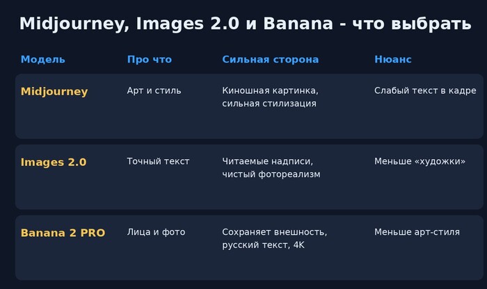 Midjourney, Images 2.0 и Banana - что выбрать
