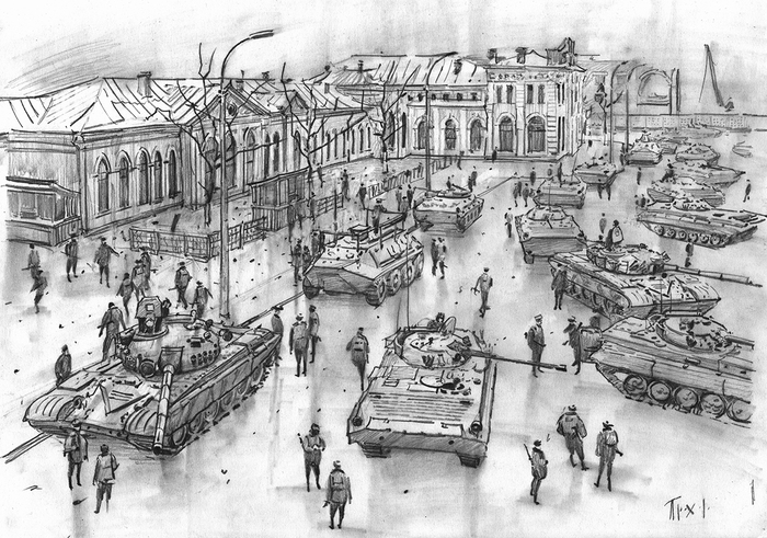 Техника 1 батальона 131 ОМСБр на привокзальной площади. Рисунок-реконструкция художника Прохора Вечканова.
