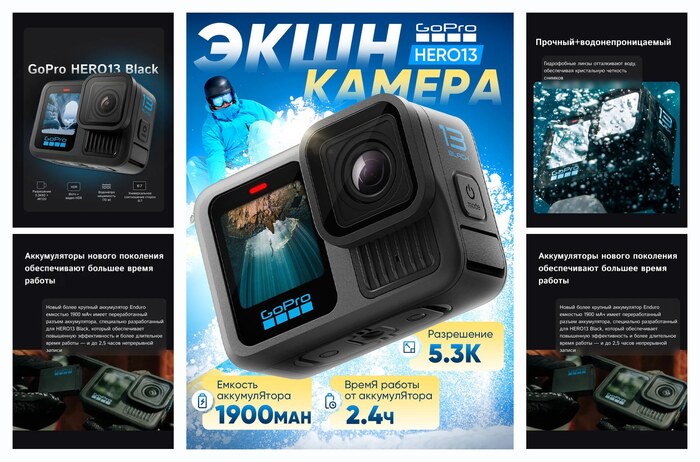 Экшн-камера GoPro HERO13 Black, HB Объектив серии , 1900 мА·ч, черный