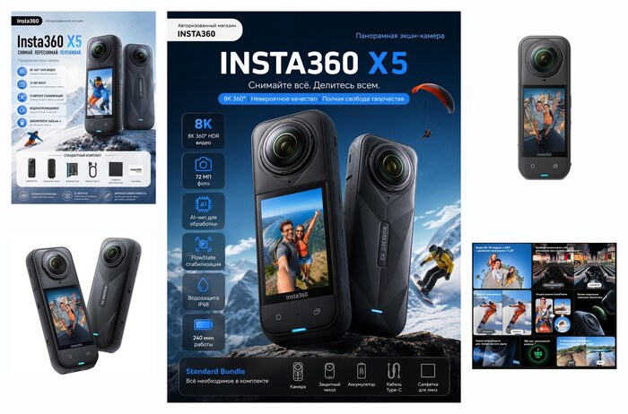 Insta360 X5 Стандартный набор 360° панорамная камера 8K HDR водонепроницаемая для спорта и путешествий
