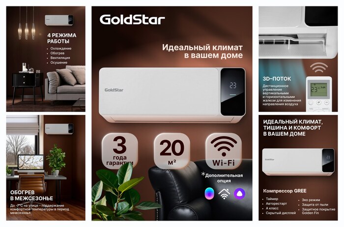 Кондиционер сплит-система GoldStar GSAC-07HN1/Белый, комплект, площадь охлаждения/обогрева до 20 м²