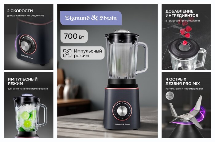Блендер стационарный Zigmund & Shtain BS-442 D, 2 скорости, 700 Вт, антрацит