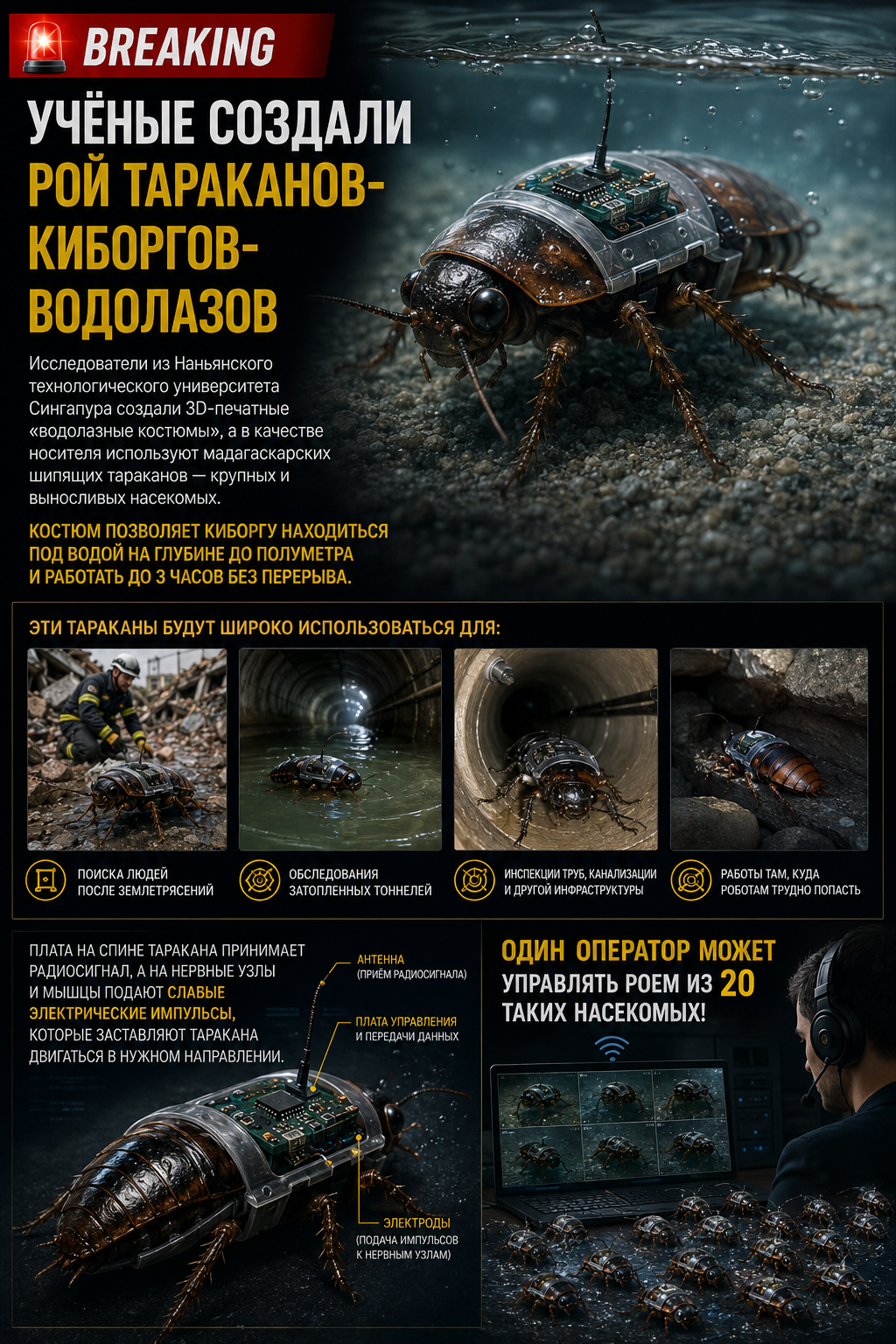 Scientists have created a swarm of cyborg diver cockroaches. - Cyborgs, news, Development of, Telegram (link), Project, Robot, Innovations, Automation, Robotics