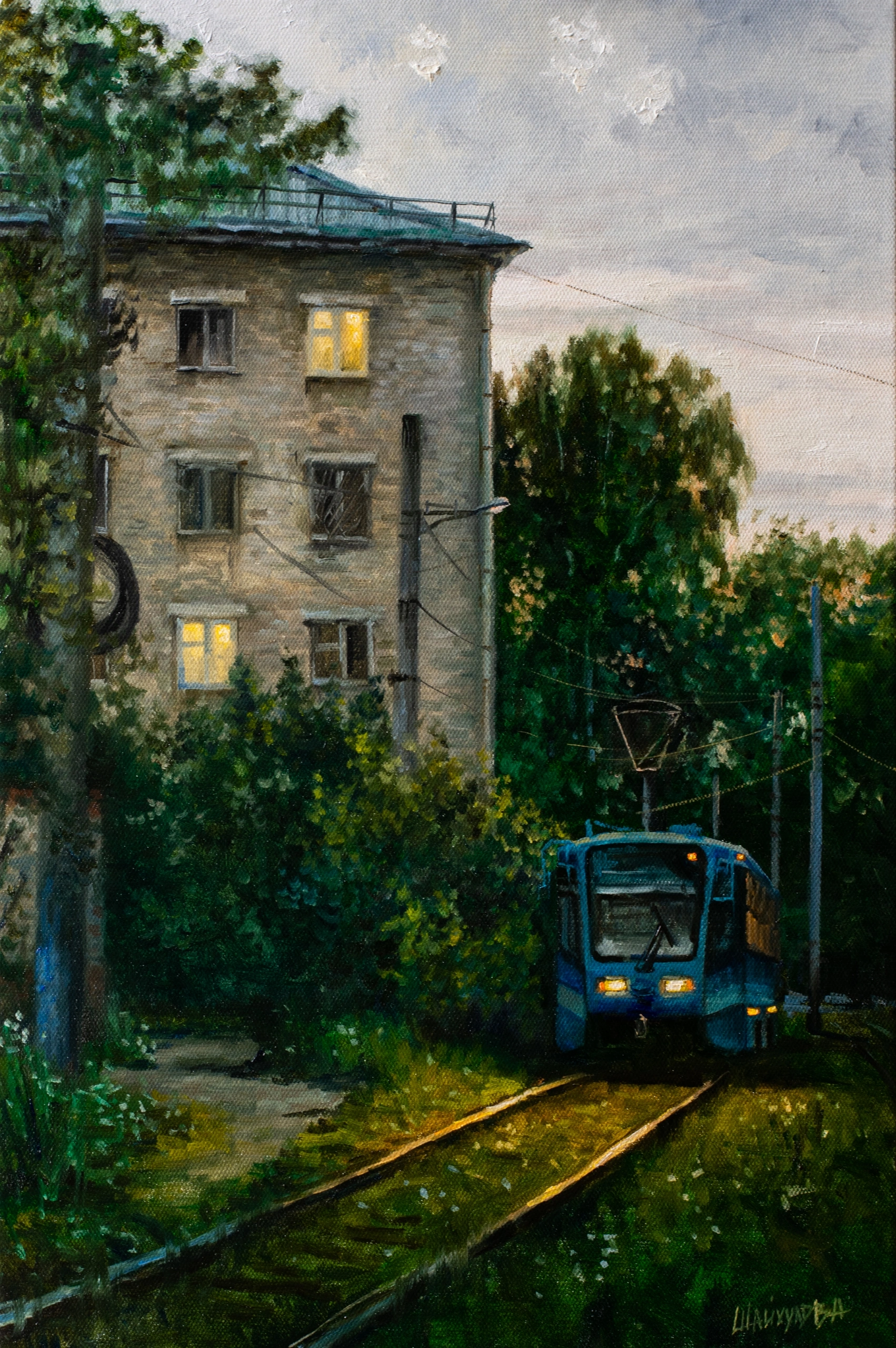 Summer evening trams in my painting - My, Drawing, Painting, Art, Landscape, Creation, Tram, Longpost