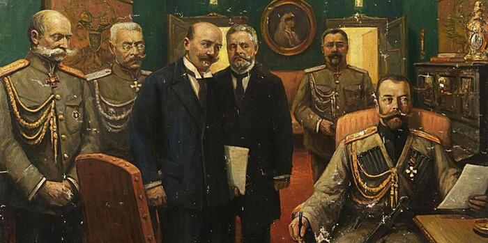 В царском вагоне: министр двора барон Фредерикс, генерал Н. Рузский, В. В. Шульгин, А. И. Гучков, Николай II. Сталин спрятался под кроватью, Ленин за занавеской.