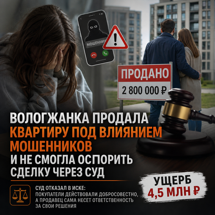 Вологжанка продала квартиру под влиянием мошенников и не смогла оспорить сделку через суд