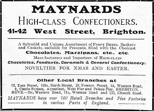 Подлинная реклама той самой лавки — «Maynards, High-Class Confectioners, 41-42 West Street, Brighton»