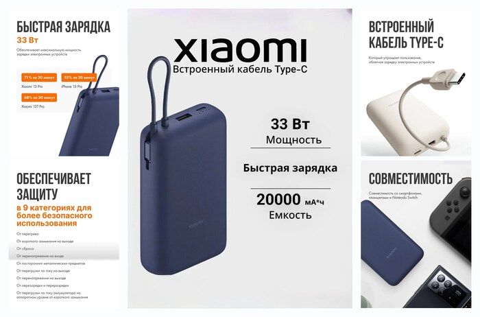 ������� �����������, ��������� Xiaomi Own Wired Power Bank PB2030MI, 20000mAh, 33W, �� ���������� ������� Type-C, �����