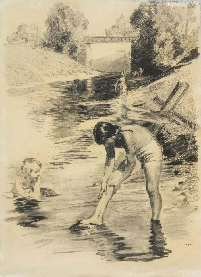 Пименов Георгий (Юрий) Иванович (13 (26).11.1903, Москва - 06.09.1977, там же). «Девочки у реки». 1953 го.