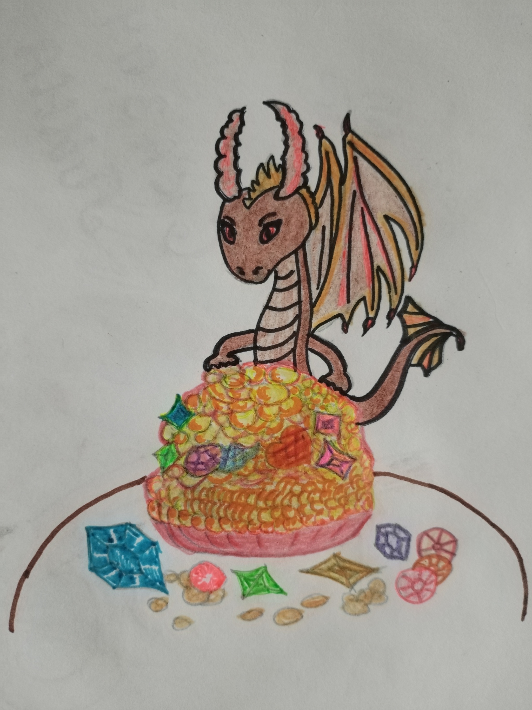 It's mine, I won't give it to anyone! - Series My drawings, My, The Dragon, hidden treasures, Coin, Gold, Gems, Drawing, Pencil drawing, Humor, Colour pencils, Felt-tip pen, Pen, Longpost