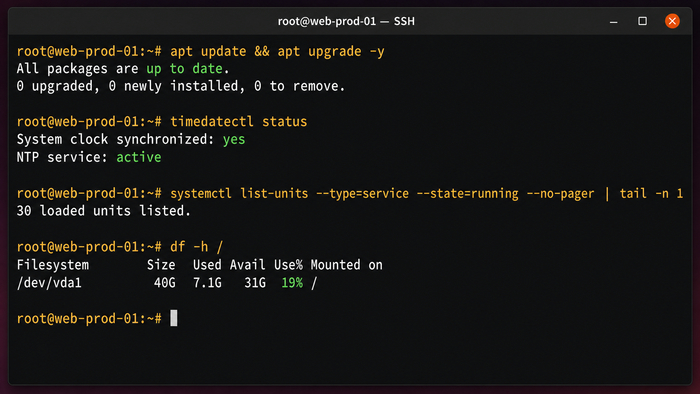 Терминал Ubuntu 22.04 с обновлением пакетов, проверкой синхронизации времени, запущенных служб и свободного места на диске.