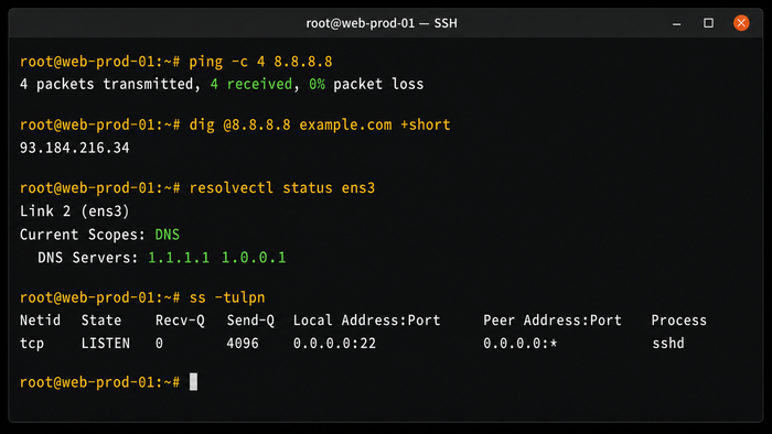 Терминал Ubuntu 22.04 с успешной проверкой подключения, DNS-серверов и открытого SSH-порта.