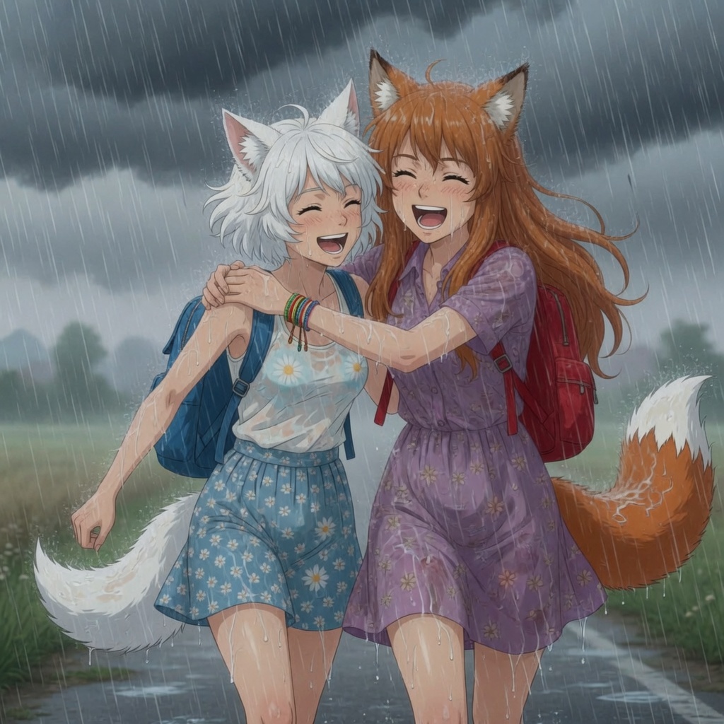 Shower! - Series Ginger and Winter, My, Neural Network Content, Neural network art, Anime art, Art, Anime, Original character, Girls, Kitsune, Animal ears, Tail, Redheads, Freckles, Rain, Shower, Swimsuit, Pantsu, Summer, Ginger & White, Longpost