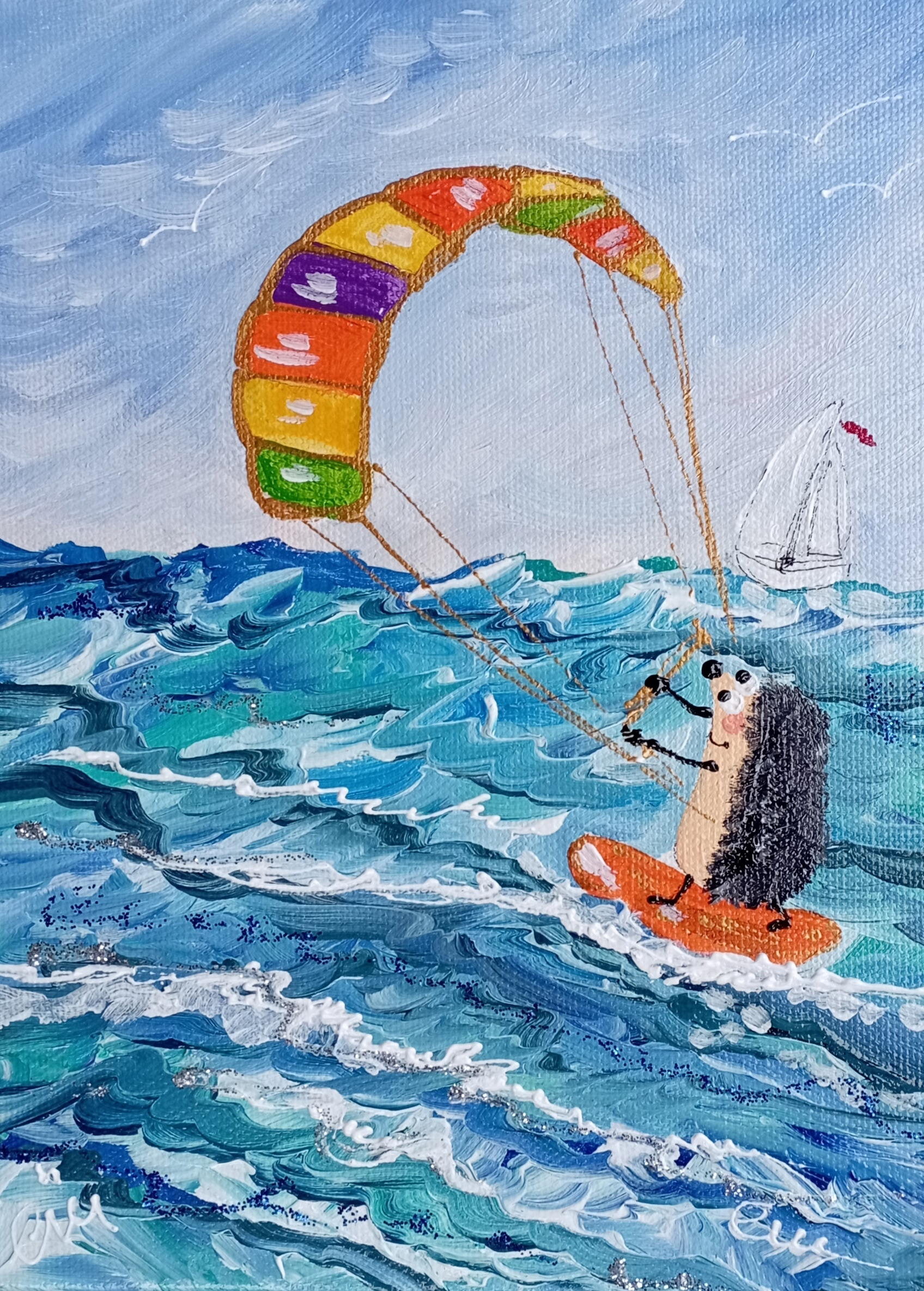 Catching the wind - My, Artist, Painting, Interior, Author's painting, Presents, Milota, Canvas, Decor, Painting, Sea, Cosiness, Animalistics, Kitesurfing, Acrylic