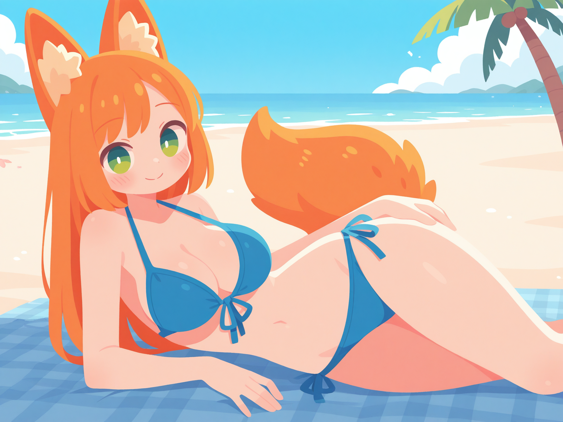 On the beach - My, Neural Network Content, Neural network art, Anime, Stable diffusion, Sdxl, Redheads, Swimsuit, Tail, Neko, Anime art, Animal ears, Beach, Sea, Green eyes, Longpost