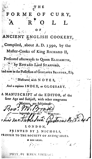 Титульный лист издания The Forme of Cury, опубликованного в Лондоне в 1780 году. Издание основано на английском сборнике придворных рецептов, составленном около 1390 года поварами Ричарда II.