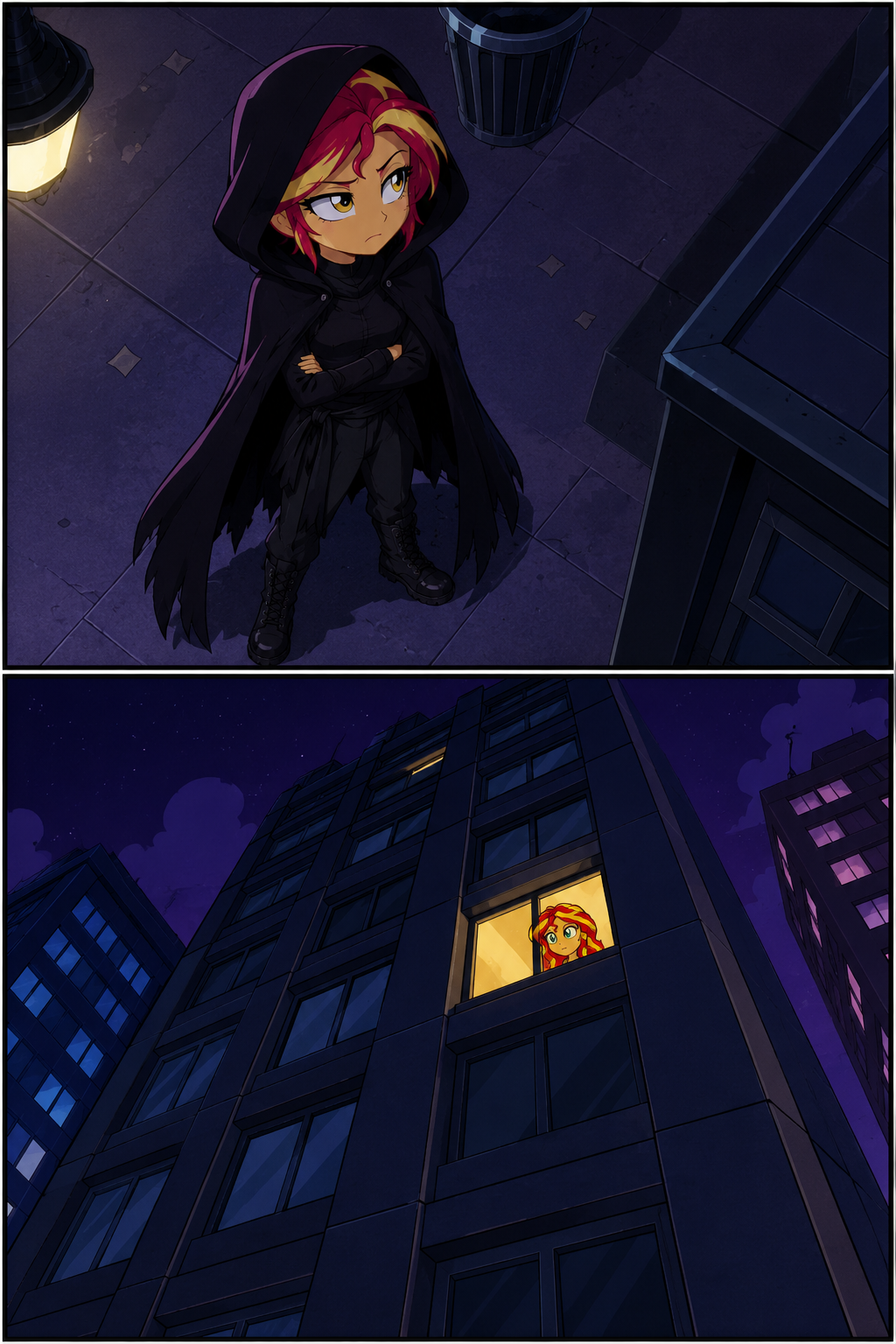 (that same melody from the old Ghost in the Shell) - Series SS Strange Sunset, My, Neural Network Content, Neural network art, My little pony, Humor, Equestria girls, Sunset shimmer, Original character, Special Agent, Teenagers, Doubles, Comics