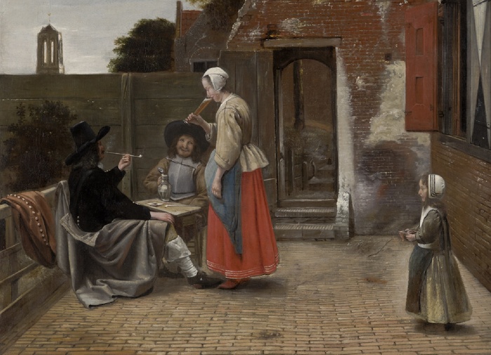 ПОСЛЕ реставрации. Питер де Хох. Фигуры во дворе. 1658-1660