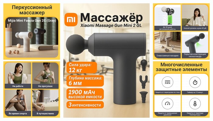 �������� ��� ���� Xiaomi Mijia Fascia Gun Mini EU, U-�������� , ������� , ������������ �������