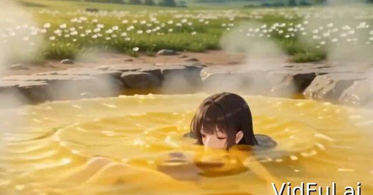 A woman jumps into yellow hot water - Neural Network Content, Swimsuit, Bathing, Short videos, Rutube, Anime, Water, Water, Hot water, Steam, Meadow, Grass, Nature, Flowers, Women, Brunette, Bounce, The hot springs, Geyser, Video