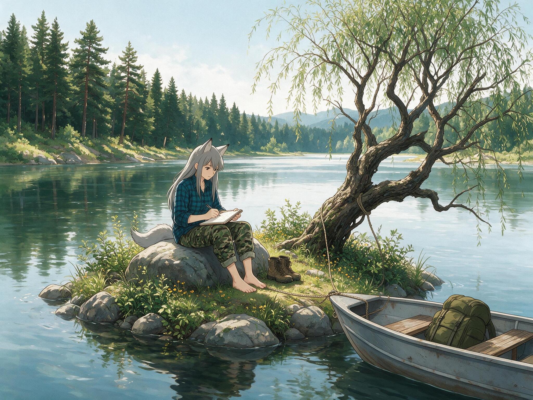 Helga and the Big Water - Anime art, Longpost, My, Art, Anime, Girls, Autumn, Hike, Animal ears, Tail, Kitsune, The mountains, Flood, Original character, Neural network art, River, Ginger & White, Neural Network Content, Series Ginger and Winter