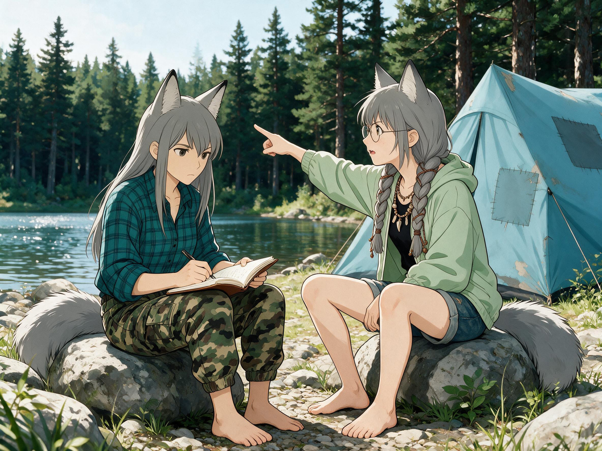 Helga and the Big Water - Anime art, Longpost, My, Art, Anime, Girls, Autumn, Hike, Animal ears, Tail, Kitsune, The mountains, Flood, Original character, Neural network art, River, Ginger & White, Neural Network Content, Series Ginger and Winter