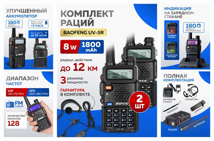 Рация BAOFENG UV-5R 8W type-c для охоты и рыбалки мощная 2 шт