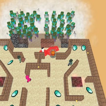 Прятки в майнкрафт - постройте стену из разбросанных по уровню блоков, защитись от наступающей толпы зомби! Не позволь сопернику уничтожить стену!